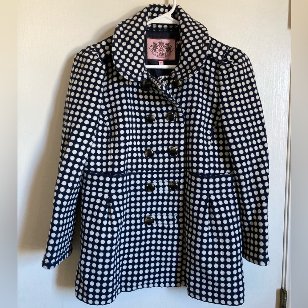 *Juicy Couture Y2K Navy Polka Dot Wool Blend Double Breasted Peacoat Jacket #Bl